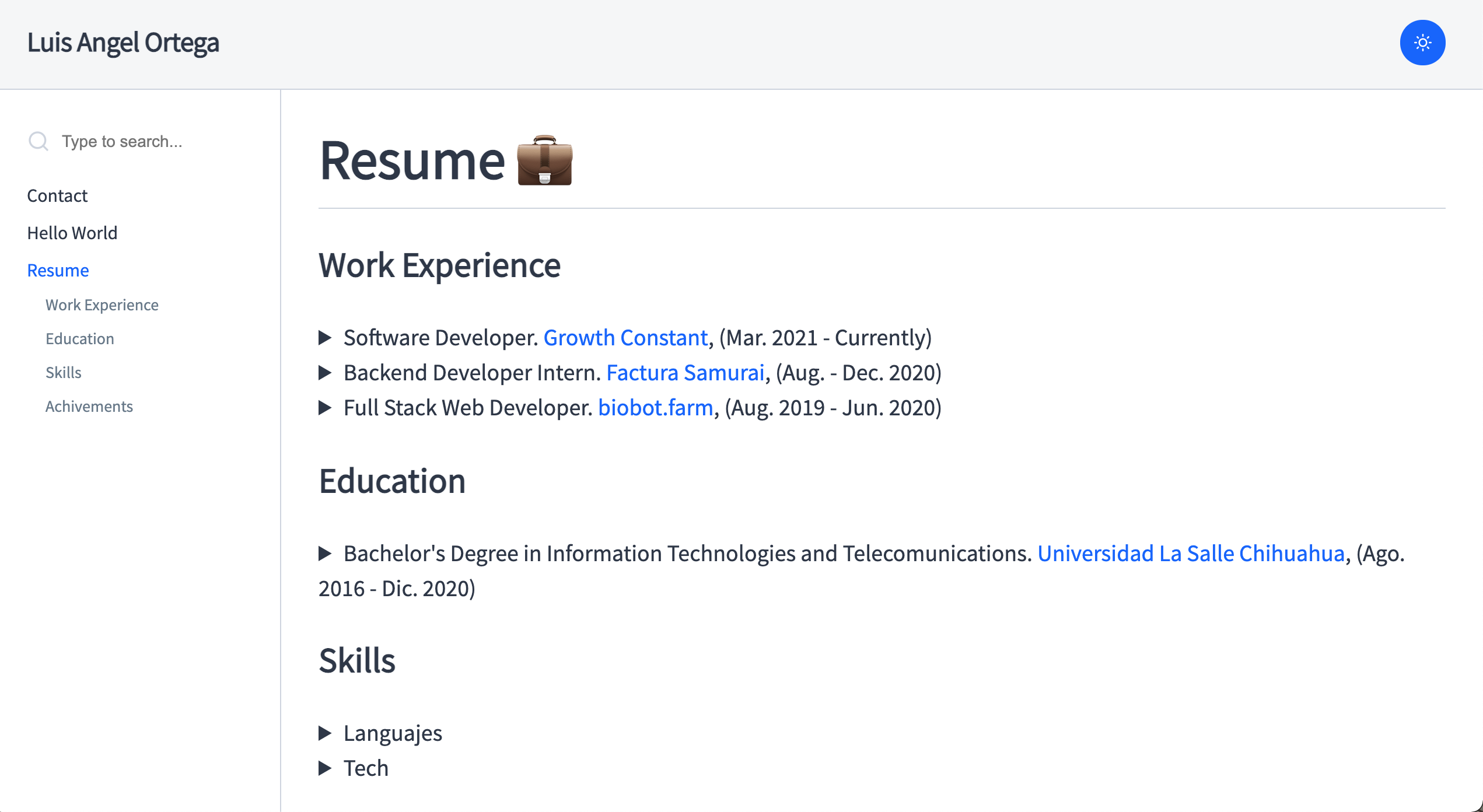 Resume page